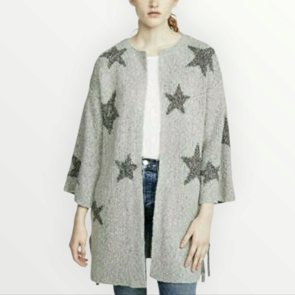 Cupcakes and Cashmere Star Cardigan Sweater Light Heather Grey Open Front Cozy S